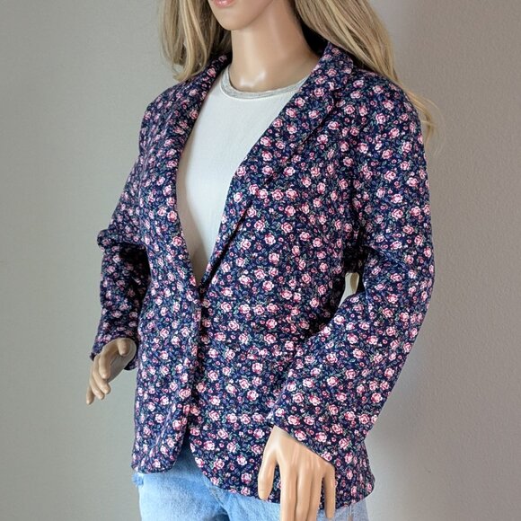 Lauren Conrad Blazer Women's Large Blue Pink Floral Roses Fitted One-Button LC - Picture 5 of 16